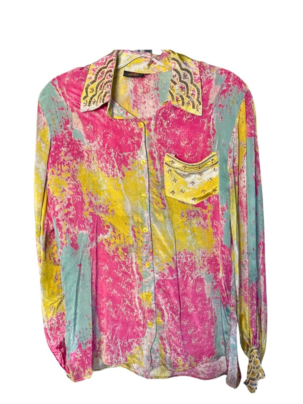 Shivali Vibrant Pink Yellow Teal Abstract Beaded Bollywood Button-Up‎ Blouse Med